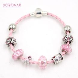 Breast Cancer Awareness Jewellery Lampwork Murano Glass Bead Live Laught Love Pink Ribbon Breast Cancer Bracelets for Women Gifts Y1218