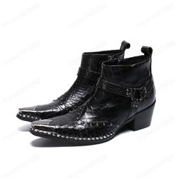 Men Zipper Ankle Boots Fashion Autumn Winter Genuine Leather Metal Pointed Toe Buckle Formal Boots