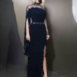 Luxury Dark Navy Sheath Prom Dresses Crystals Sequins Beads High Neck Long Sleeve Illusion Kaftan Dubai Sexy Side Split Formal Evening Gowns