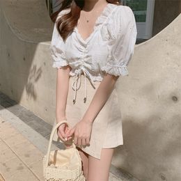 Embroidery Shirt Summer White Blouses Women Tops Skirt Women short sleeve Girls Blouse Linen Cotton mini pants skirt Plus Size T200701