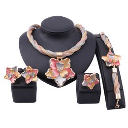 Dubai Gold Colourful Jewellery Set For Women Big Flower Necklace Earring Crystal Jewellry Sets Italian Bridal Wedding Accessories