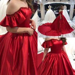 Red Satin Ball Ball Vestidos de noiva Off Sweep Train Ruffles Appliques Garden Brown Vestidos de Novia P28