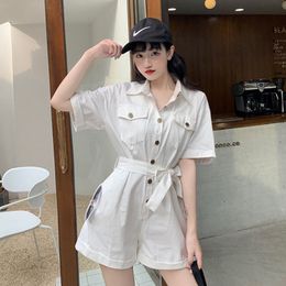 Women White Black Pink Jumpsuit and Rompers Female Solid Button Pocket Bib Shorts Pants Playsuits Overalls New 2020 T200704