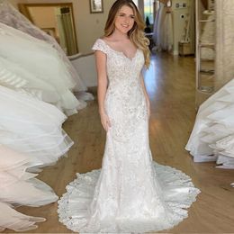 Lover Kiss Wedding Dresses Mermaid Lace Bridal Gowns 2020 round Backless court train V Neck Simple vestidos de noiva Cap sleeves