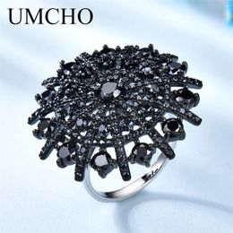 UMCHO Gemstone Natural Black Spinel Ring Female Solid 925 Sterling Silver Rings For Women Round Wedding Engagement Jewelry Gift Y200321