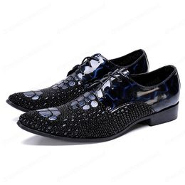 New Luxury Man Formal Dress Wedding Shoes Patent Leather Alligator Pattern Oxfords Pointed Toe Derby Men's Office Flats