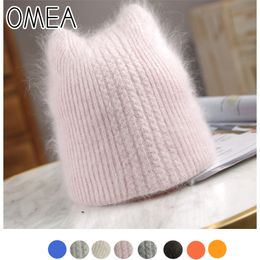 OMEA Angora Rabbit Fur Women Hats with Fil-Lumiere Winter Hat Cat Ears Knitted Hat Fox Ears Double Layer Beanies Fashion Cute Y201024