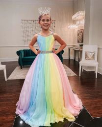 Rainbow Szyfonowa Mała Dziewczynka Suknie Korownicze 2022 Paski-Neck Girls Prom Suknie Zipper V Back Bez Rękawów A-Line Długie Dzieci Formalne Party Princess Księżniczka Nosić CG001