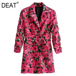 DEAT Casual Blazer Coat Women's Outerwear Full Sleeve Floral Pattern Lapel Slim Waist Fit Vintage Design Clothing AR920 201201