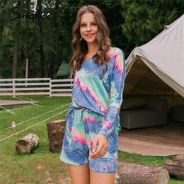 Simplee Casual two piece Tie-Dye women suits T-shirt shorts set Long sleeve casual oversize female suits summer shorts set T200701