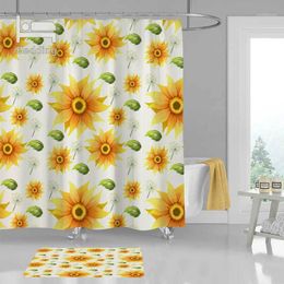 Shower Curtains Cute Sunflower Bathroom Mat Set Waterproof Bath POD Polyester Decor With Hooks 2pcs/set1
