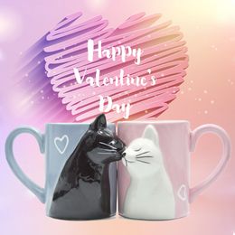 2pcs Ceramics Kiss Cat Cup Couple Mugs Lover Gift Morning Milk Coffee Tea Breakfast Porcelain Cup Valentines Day for girl wife Y200106