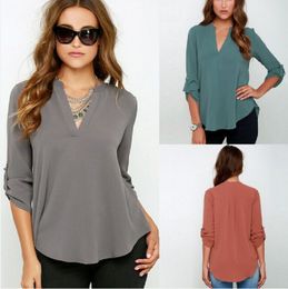 Loose V Neck Women Tops Sexy Long Sleeve Low Cut Ladies t Shirts Blouse Tops with Chiffon Material for Women TM2008