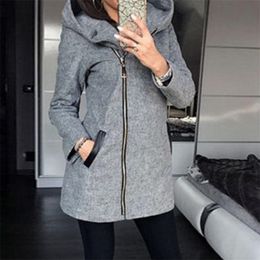 ZITY Autumn Winter Plus Size Fashion Women Coat Solid Color Zip Up Long Sleeve Hooded Jacket Coat Outerwear Long Section 201019