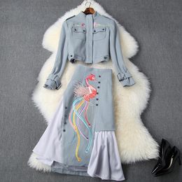 autumn winter blue long sleeve stand neck embroidery jacket panelled midcalf skirt two piece 2 pieces set n11t10440