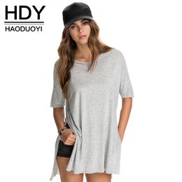 HDY Haoduoyi O Neck Short Sleeve Solid Side Split Tops Casual Loose High Low Tees Brief Preppy Style Soft Cotton T Shirt Y200110