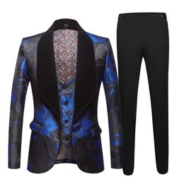 Jacquard suit for men Tide Men Navy Blue Floral Print Fashion Casual Suits Latest Coat Pant Designs Wedding Groom Stage Costume 201105