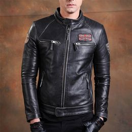 Free shipping,Biker Brand style Vintage men's quality genuine leather Jacket slim 100% natural cowhide coat.leather clothing LJ201029