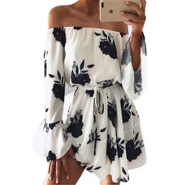 Boho Flower Print Ruffles Summer Playsuits Women Sexy Elegant Slash Neck Jumpsuits Rompers Sexy Beach Girls Shorts Overa T200704