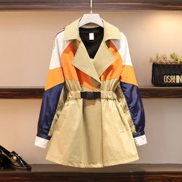 [EWQ] Spring Autumn New Plus Size Women's Long Sleeve Windbreaker Sweet Turn-down Collar Patchwork Trench Coat Outerwear 201102