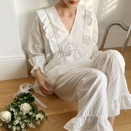 Women's Lolita Dots Pyjama Sets.Stringy selvedge Tops+Long Pants.Vintage Ladies Dot Pyjamas Set.Victorian Sleepwear Loungewear T200707