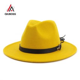 QIUBOSS Women Men Wide Brim Wool Felt Jazz Fedora Hats Panama Style Cowboy Trilby Party formal Dress Hat Large Size Yellow white Y200110