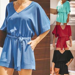 Casual Playsuit Woman Short Sleeve Belt Tunic Red Black Solid Summer Elegant Jumpsuit Short 2020 Overalls For Women T200704