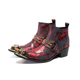 Punk Men's Boots Golden Pointed Metal Tip Formal Leather Ankle Boots Men Wine Red Party and Wedding Motorcycle Boot Men