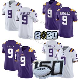 Mens NCAA LSU Tigers Burreaux #9 Joe Burrow Jersey Quick Dry Purple White Game Top Customizable Football Jersey S-3XL