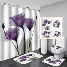 Waterproof Shower Curtain Colourful Tulip Lotus Flowers Trees Pattern Shower Curtain Set Non-Slip Rugs Toilet Lid Cover Bath Mat T200711