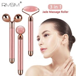 3 In 1 Electric Jade Roller Slimming Face Massage Lifting Vibrating Natural Rose Quartz Stone Beauty Tool 220216