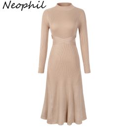 Neophil Women Winter Knitted A Line Midi Dresses O Neck Bow Sashes Long Sleeve Slim Vintage Ladies Elegant Dresses D2910 201029