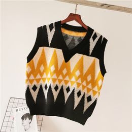 Fashion Hit Color V-neck Knitted Sweater Vest Women Loose Striped Sleeveless Simple Commuter Sweater Vest Female Spring Autumn 201223