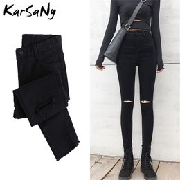 Skinny Ripped Jeans For Women Stretch High Waist Black Jeans With Holes Destroyed Women Denim Pants With Holes Summer Jean LJ200811