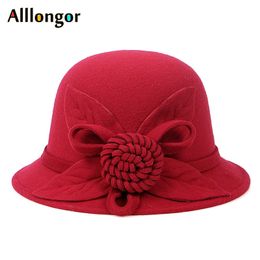 Autumn Winter derby has Women Elegant Floral Solid sombrero Mujaher Fedora Hats ladies Formal Vintage Wool Felt Bowler Hat Red Y200102