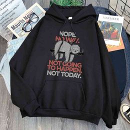 Cartoon Cute Nope Sloth Print Hoodies Man Casual Loose Sweatshirts Anime Harajuku Fleece Warm Hooded Pullover Mens Streetwear H1227