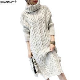 Autumn Long Style Knit High-collar Sweater Dress Fashion Pullover Sweater Loose Casual Rice White Thick Sweater Dress 201023