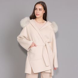 Cashmere Jacket Women Detachable Fox Fur Collar Wool Blend Coat and Jacket Belt Ladies Autumn Winter Cashmere Overcoat 201102