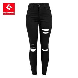 1878 Youaxon Women`s Celebrity Ripped Stretch Black Destroyed Skinny Denim Pants Trousers Ferminio Jean Jeans For Women 201029