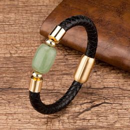 Charm Bracelets Fashion Mens Jewellery Handmade Natural Oval Stone Genuine Leather Gold Stainless Steel Magnetic Clasp For Male Bang227S