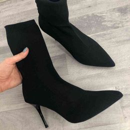 2020 Luxury Women Beige Black Sock Boots Stiletto Thin High Heels Elastic knitting Boots Winter Stretch Fabric Boots Plus Size Y1209