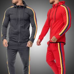 Autumn Men Fashion Striped Long Sleeve Hoodies+Pants Sets Male Zipper Tracksuit Sport Suit Men's Gyms Set Casual Sportswear Suit 201201