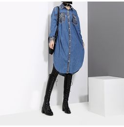 Women's Denim Skirts Loose and Elongated with Stripes Shirt Dress Long Sleeves New Autumn/winter 2020