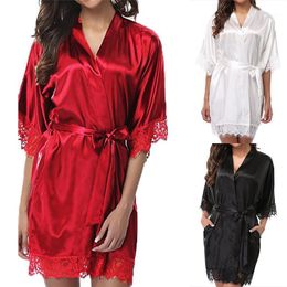 Women's Sleepwear 3 Colours Short Satin Bride Robe Sexy Wedding Dressing Gown Lace Silk Kimono Bathrobe Summer Bridesmaid Nightwear1