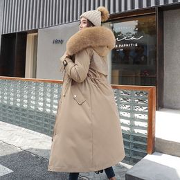 Fashion Solid Cotton Liner Parker Down Parkas New Long Hooded Winter Jacket Women Adjustable Waist Warm Fur Collar Coat 201103