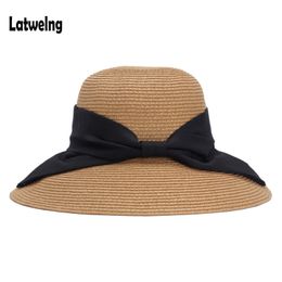 New Summer Women Straw Sun Hats Lady Foldable Beach Hat Fashion Bow Tie Handmade Wide Brim Panama Hat Travel cap Y200602