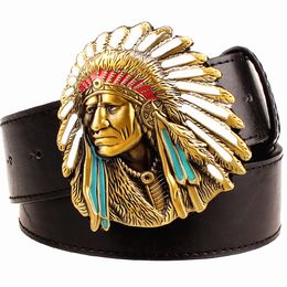 Fashion men belt indian head buckle west cowboy belt for men punk rock belts indian chief head Men's leather belt hip hop girdle J0121