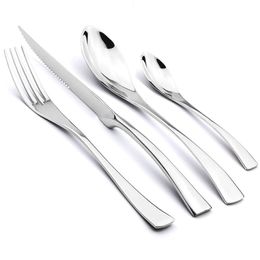 24 Pcs Shiny Black Dinnerware Cutlery Set 18/10 Stainless Steel Sharp Steak Dinner Knives Forks Scoops Tableware Silverware Set 201118