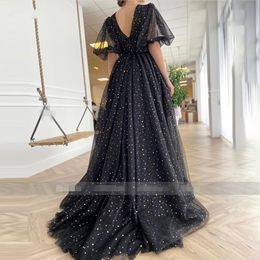 2020 Black Starry Tulle evening Dresses Sparkly V-Neck Half Puff Sleeves front slit Ruched Party Dresses Slits Long A-Line Prom Go3323