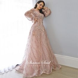 Blush Pink Lace Arabic Evening Dresses 2020 Long Sleeves Crystal Dubai Formal Dress Muslim Women Elegant Long Prom Party Gowns LJ201119